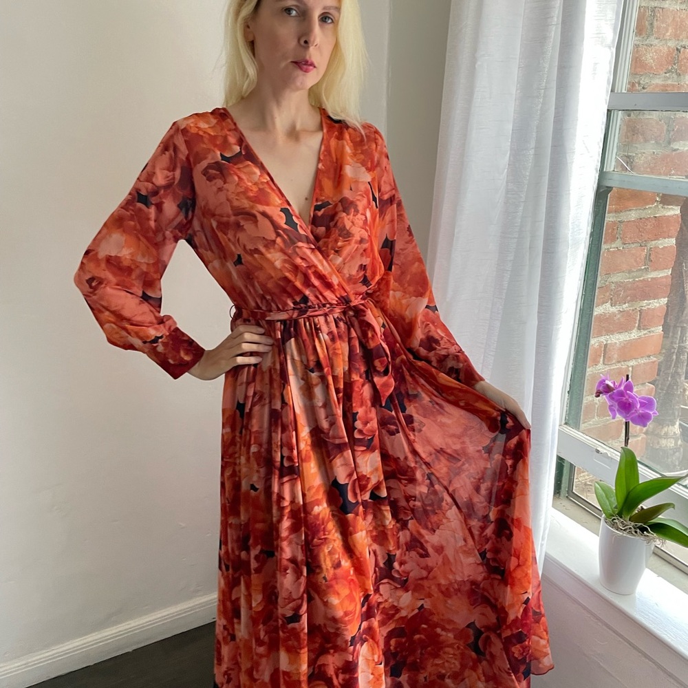 SALE Lovely Floral Print Sheer Poly Lined Elastic Waist Belt Maxi Dress M 10
